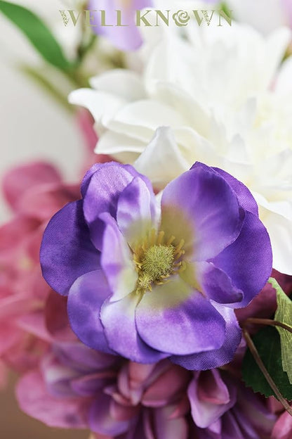 WELL KNOWN Artificial Flowers Silk Peony Flower Bouquet in Vase, Fake Flowers with Vase, Faux Flower Arrangements, Table Decorations for Living Room, Coffee Table Decor