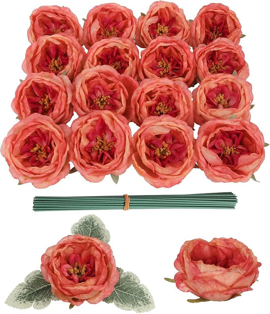 16pcs Peonies Artificial Flowers Head Red Austin Roses Vintage Burnt Flowers Silk Rose Head with Stems for DIY Flower Wedding Bouquets Centerpieces Home Decoration (Red)