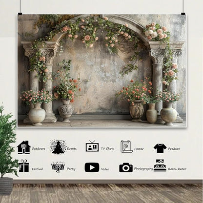 7x5ft Vintage Flower Building Backdrop Blooming Pink Roses Floral Wildflower Medieval Building Background for Mothers Day Bridal Shower Baby Shower Birthday Women Couples Portrait