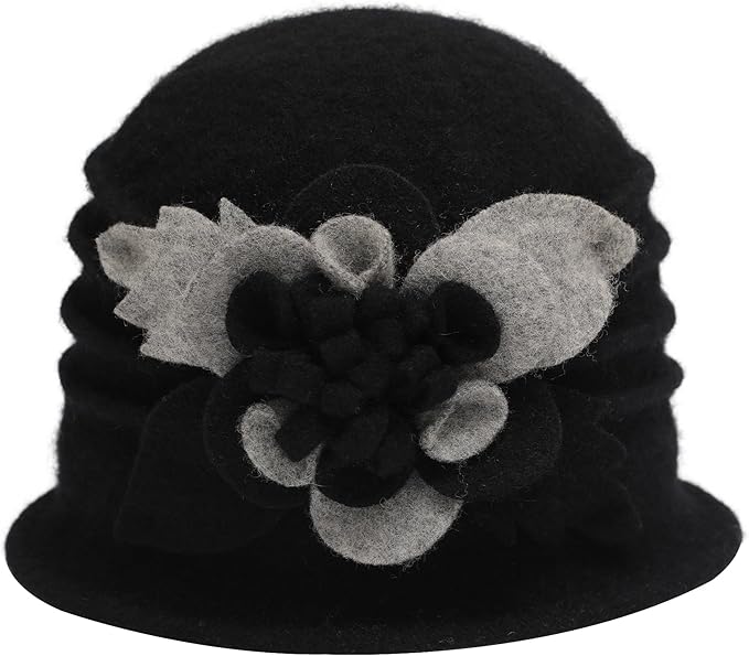 ZLYC Women Wool Cloche Bucket Hat 1920s Vintage Dress Winter Hats with Flower Accent