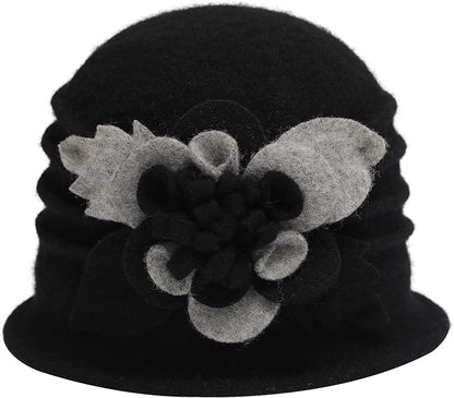 ZLYC Women Wool Cloche Bucket Hat 1920s Vintage Dress Winter Hats with Flower Accent