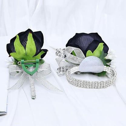 2Pcs Rose Black Corsage and Boutonniere Set, Artificial Wrist Corsage Wristlet Bracelets, Men Boutonniere for Wedding Anniversary Party Homecoming Flowers Accessories Prom Decor