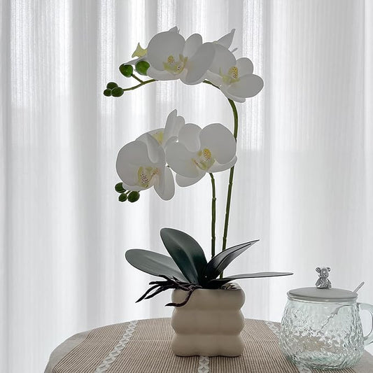 Artificial White Orchid Flower Plant, 14 inches Tall, Home Decor Orchid Artificial Flowers (White-1)