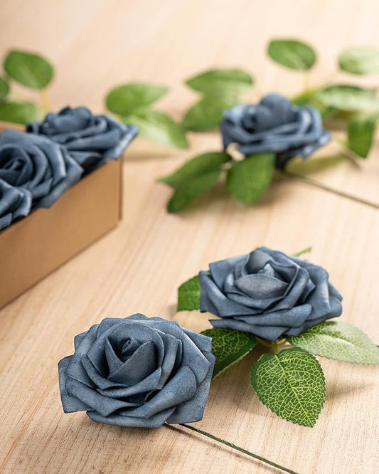 DuHouse 25Pcs Artificial Roses Flowers Fake Roses with Stems Real Touch Foam Flowers for DIY Wedding Bouquet Baby Shower Centerpiece Floral Arrangement Party Home Decor(Dusty Blue)