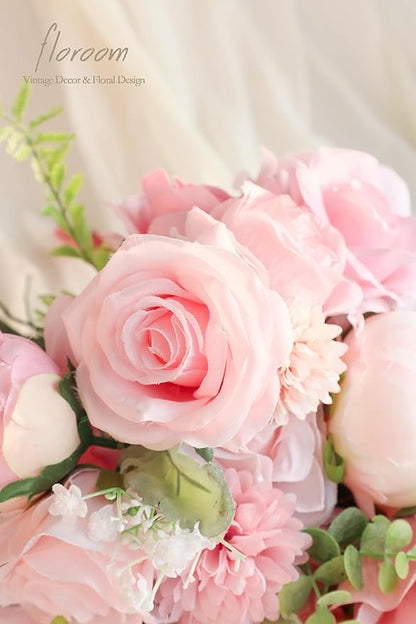 Floroom Blush Artificial Flowers Fake Roses Peonies Dahlia and Greenery Combo Box Set for DIY Pink Wedding Bouquets Bridal Shower Centerpieces Floral Arrangements Party Tables Home Decorations