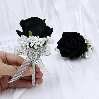 2Pcs Rose Black Corsage and Boutonniere Set, Artificial Wrist Corsage Wristlet Bracelets, Men Boutonniere for Wedding Anniversary Party Homecoming Flowers Accessories Prom Decor