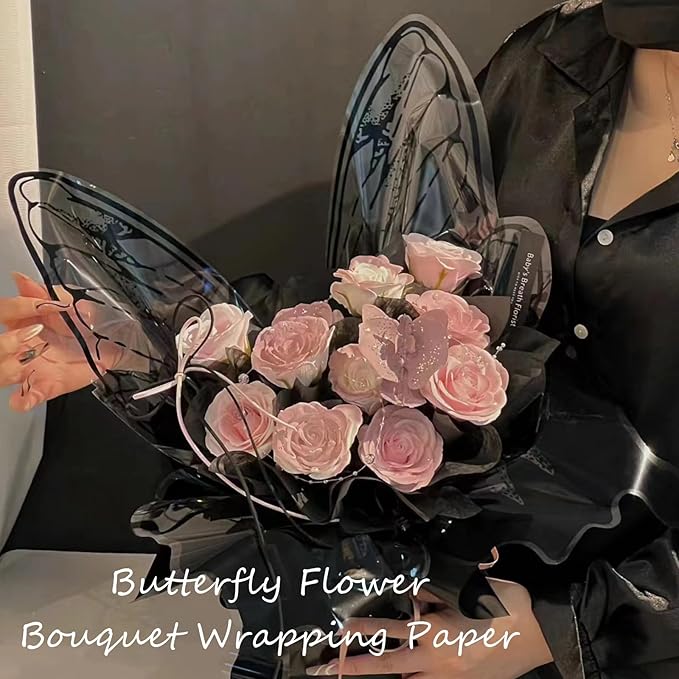 LLBWKC 20 Sets Butterfly Flower Wrapping Paper, Waterproof Butterfly Flower Bouquet Wrapping Paper, OPP Clear Floral Wraps for Florist Supplies, Gift Packaging, DIY Craft 20x22 in (Black Butterfly)
