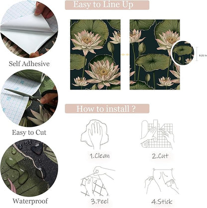 Orainege Vintage Floral Peel and Stick Wallpaper Floral Contact Paper 16.9"x393.7" Lotus Leaf Wallpaper Peel and Stick Self Adhesive Wall Paper for Bedroom Bathroom Covering Wall Decorative