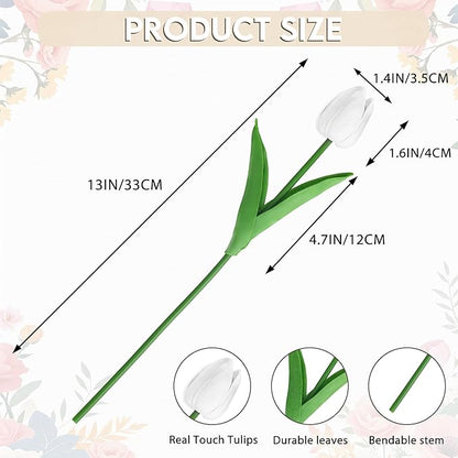 20 Pcs Fake Tulips Artificial Flowers 13" White Faux Flowers Real Touch PU Tulips Bouquet for Floral Arrangement Home Kitchen Table Wedding Decorations
