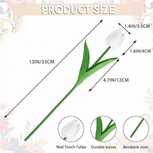 20 Pcs Fake Tulips Artificial Flowers 13" White Faux Flowers Real Touch PU Tulips Bouquet for Floral Arrangement Home Kitchen Table Wedding Decorations
