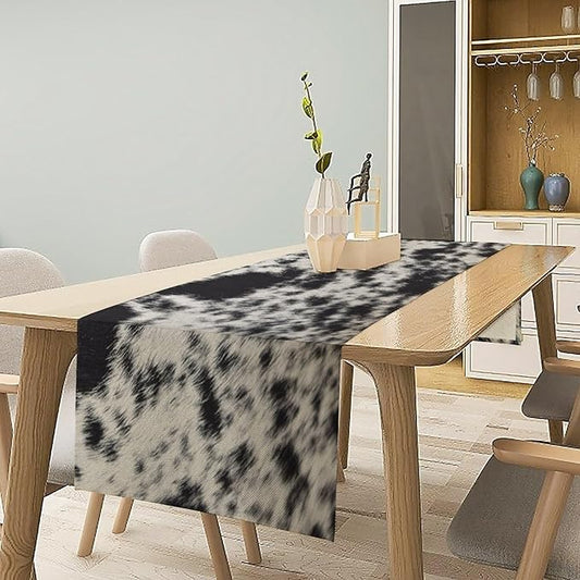 Cow Skin Print Table Runner, Rustic Country Farmhouse Animal Fur Skin Western Farm Black Cowhide Print Dinner Runner Table Decoration for Home Kitchen Dining 13x36in