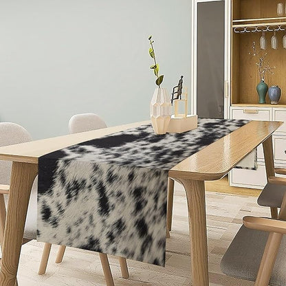 Cow Skin Print Table Runner, Rustic Country Farmhouse Animal Fur Skin Western Farm Black Cowhide Print Dinner Runner Table Decoration for Home Kitchen Dining 13x108in