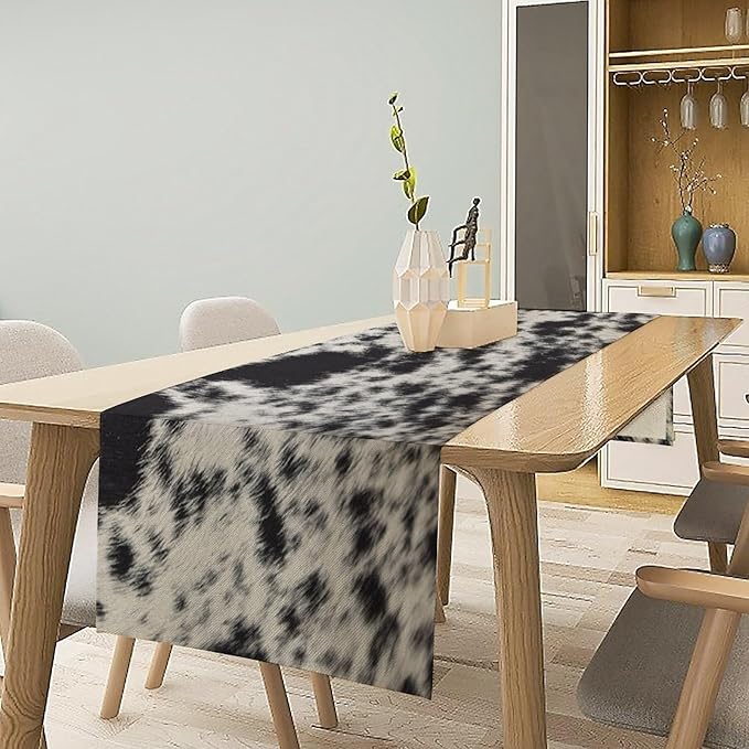 Cow Skin Print Table Runner, Rustic Country Farmhouse Animal Fur Skin Western Farm Black Cowhide Print Dinner Runner Table Decoration for Home Kitchen Dining 13x60in