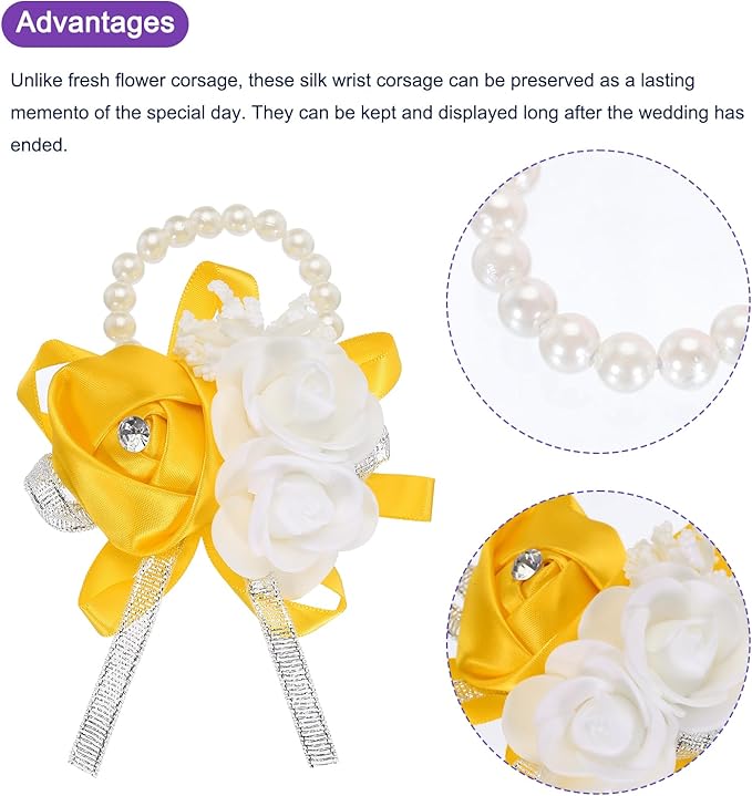 MECCANIXITY 12Pcs Wrist Corsage Artificial Flower Bracelets Rose Wrist Bride Groom Decorative for Wedding Ceremony Prom Party Anniversary Gold Tone