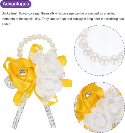 MECCANIXITY 12Pcs Wrist Corsage Artificial Flower Bracelets Rose Wrist Bride Groom Decorative for Wedding Ceremony Prom Party Anniversary Gold Tone