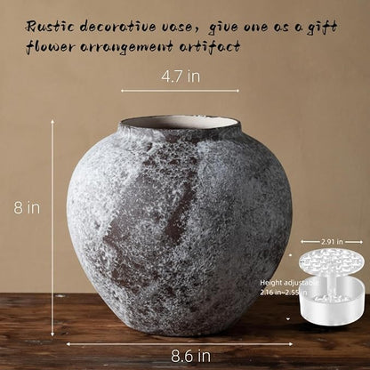 Rustic Distressed Large Ceramic Vase, 8.6 inch Terracotta Pottery Tall Decorative Vases, Concrete Vases Clay Stone Antique Big Vase for Home Decor (Round 8.6 in X 8 in)