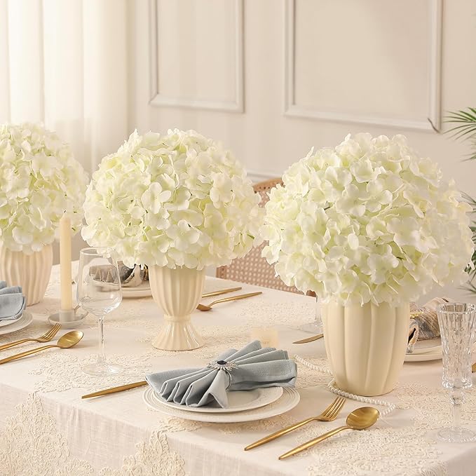 Veryhome 20Pcs White Hydrangea Artificial Flowers, Ivory Faux Hydrangea Flowers, Silk Flowers Heads with Stems, Fake Hydrangeas for Home Decor Wedding Party Centerpieces DIY Floral Arrangements