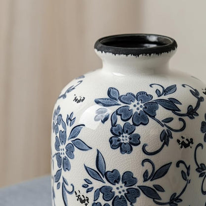 Blue and White Vintage Vase, Ceramic Chinoiserie Floral Vases, Round Farmhouse Rustic Large Flower Vase for Home Decor, Living Room, Office, Bookshelf, Grand Millennial Chinoiserie Decor 7.7 Inch