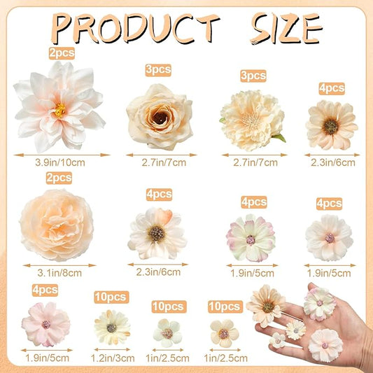 Artificial Flower Heads Combo - Champagne Silk Dahlia & Roses Fake Flowers for Wedding, Party, Graduation Cap DIY, Cake Decoration, Table Centerpieces, Home Decor