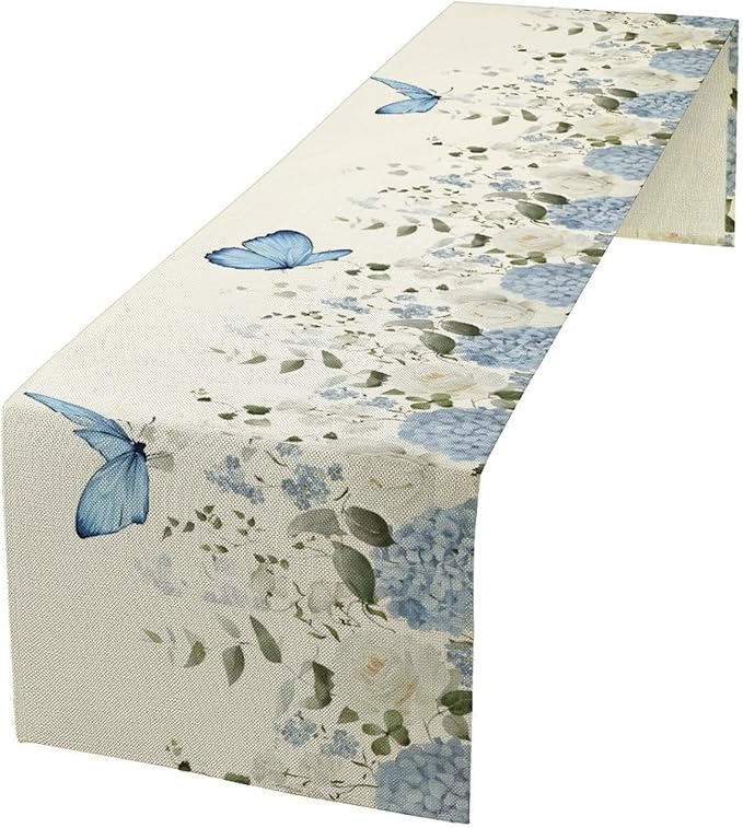 Floral Table Runner, Blue White Flower Butterfly Garden Spring Nature Decoration Table Runner for Kitchen Dining Home Party, 13x36 Inch