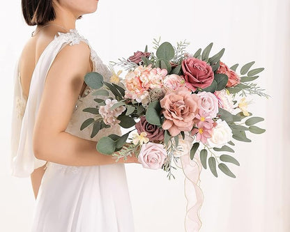 Dusty Rose Artificial Flowers Set - Fake Roses, Peonies, Silk Flowers with Stems for DIY Wedding Bouquets,Floral Arrangement,Table Centerpieces,Baby Shower, Home Decor