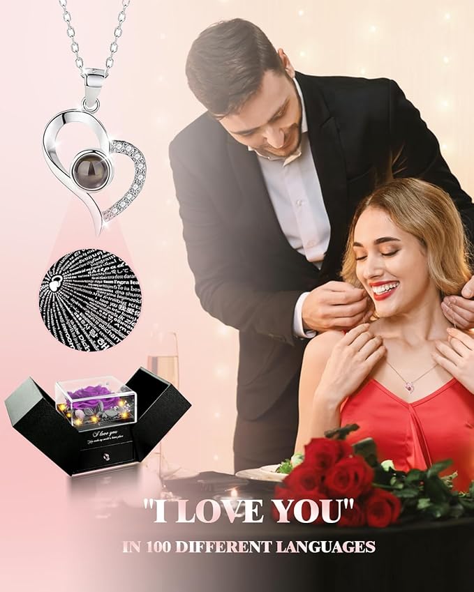 Birthday Gifts for Women, Preserved Real Roses with Heart Necklace I Love You in 100 Languages, Romantic Anniversary Wedding Gifts for Women Her Girlfriend Wife, Forever Roses Necklace Gift Box Purple