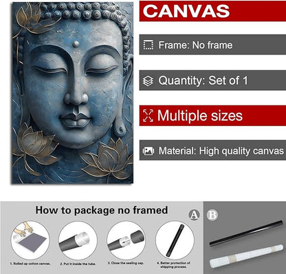 Canvas wall art Golden lotus crown Serene Buddha poster Ethereal blue toned art with delicate floral decor Zen wall art for a tranquil meditation space 32x48in Frameless