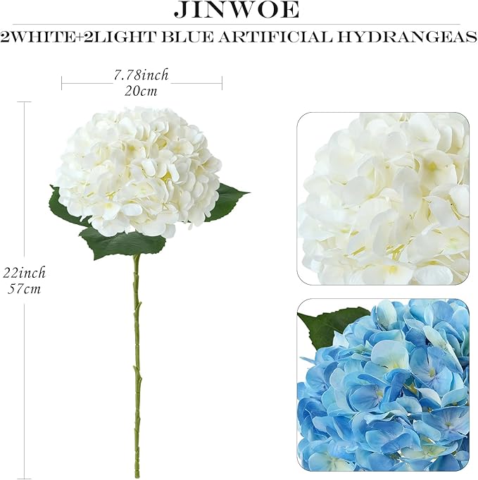 Silk Flowers Hydrangea Artificial Flowers, 4Pcs 22Inch Large Lifelike Faux Flowers, Full Fake Artificial Hydrangeas with Stems for Bouquet Table Centerpieces Home Decoration (White/Blue)