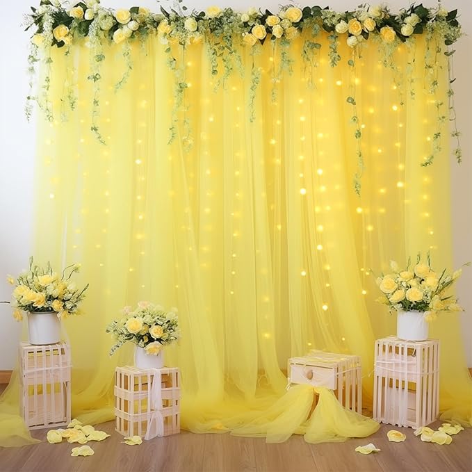 20ft x 10ft Yellow Backdrop Curtain with Lights String for Parties, Sheer Tulle Wedding Photo Backdrops Drapes for Baby Shower Birthday Party Decorations Background for Photography