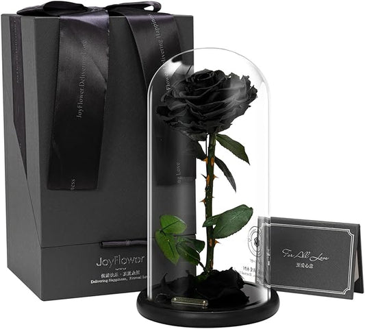 JoyFlower Single Rose Real Rose Flower Gifts for Mom from Daughter Son, Birthday Gifts for Women, Eternal Rose Preserved Flowers for Delivery Prime for Christmas Valentine's Mothers Day(Black)