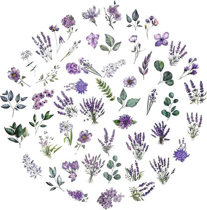 100 Pcs Lavender Purple Flower Stickers for Scrapbooking Junk Journal Notebook Diary Planner Letter Envelope Water Bottle Phone Case Craft Decoration
