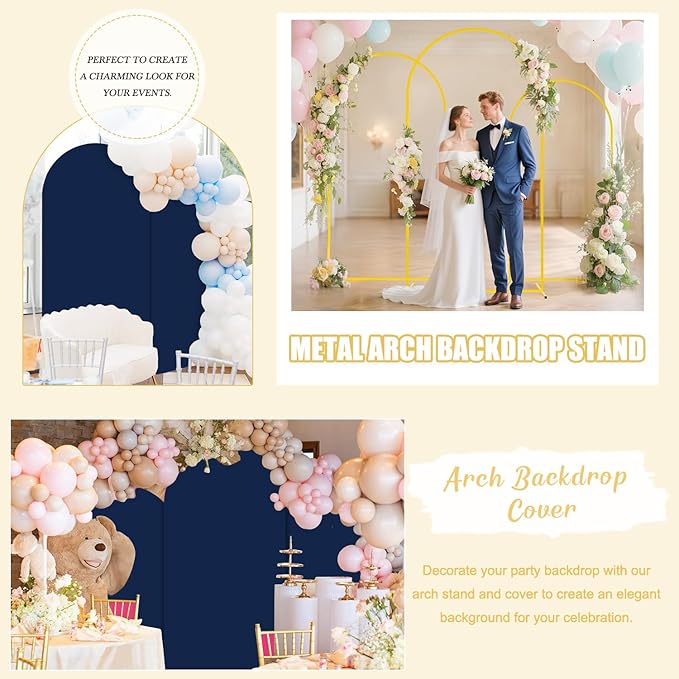 FUHSY Metal Arch Backdrop Stand and Cover Set of 3 Wedding Metal Arch Stand with Navy Blue Arch Backdrop Cover Spandex 6FT, 5FT, 4FT Stable Arch Frames for Bridal Baby Shower Birthday Party Decor