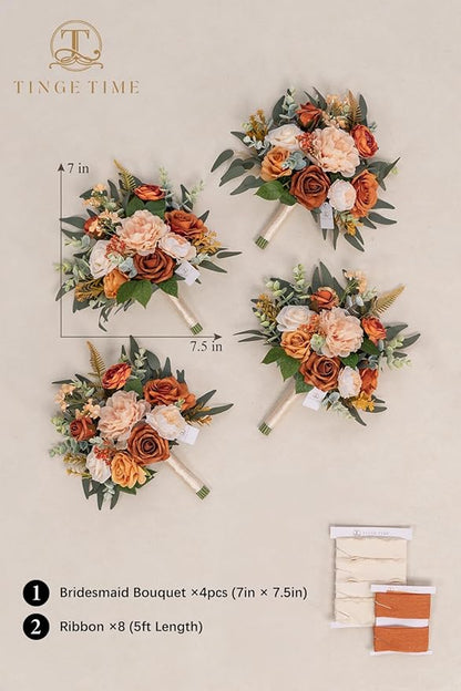 TINGE TIME 7 Inch Wedding Bouquets for Bridesmaid, Set of 4, Artificial Flowers Cascading Bridal Bouquet for Fall Wedding Ceremony Anniversary Bridal Shower and Rustic Vintage Wedding (Terracotta)