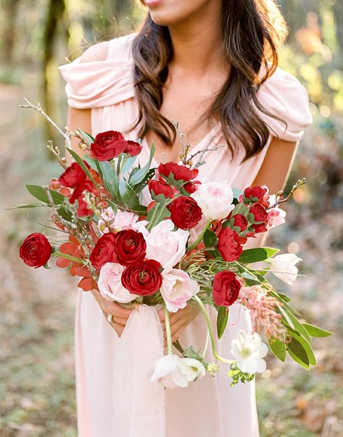 Silk Ranunculus Artificial Flowers 5PCS Long Stem Red Fake Peonies 21.65" Real Look Faux Ranunculus Flowers for Floral Arrangements Home Wedding Party Festival Decor (Red)