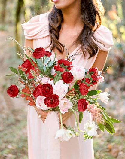 Silk Ranunculus Artificial Flowers 5PCS Long Stem Red Fake Peonies 21.65" Real Look Faux Ranunculus Flowers for Floral Arrangements Home Wedding Party Festival Decor (Red)