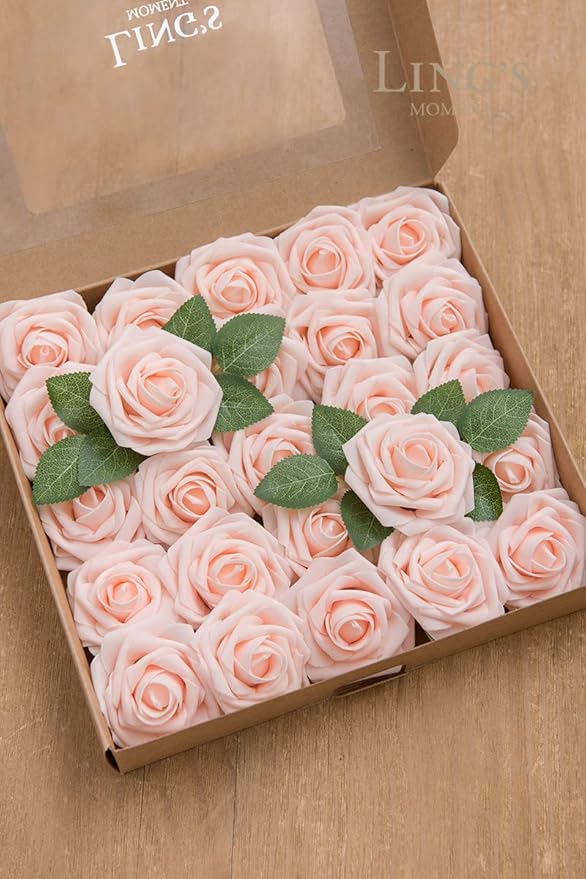Ling's moment Artificial Flowers 50Pcs Pink Roses Decor w/Stems,3" Real Touch DIY Foam Floral for Wedding Bouquet/Centerpieces, Outdoors Party Backdrop, Room/Table, and Garden/Pot Decorations