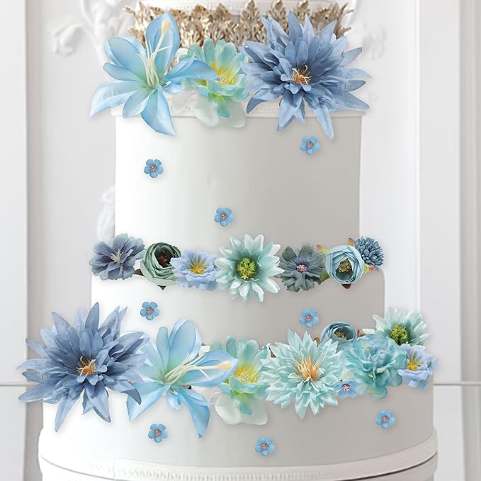 Artificial Flowers Heads Combo Blue Flowers Mix Silk Flowers Heads Bulk Faux Rose for Craft Garland Graduation Cap Wedding Bridal Baby Shower Home Party Decoration DIY Cake Decor