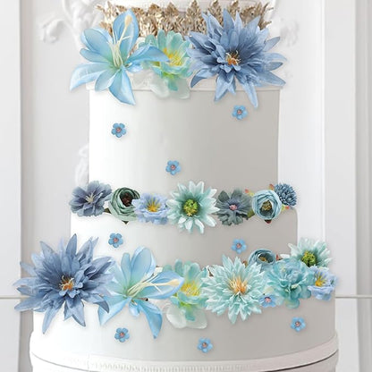 Artificial Flowers Heads Combo Blue Flowers Mix Silk Flowers Heads Bulk Faux Rose for Craft Garland Graduation Cap Wedding Bridal Baby Shower Home Party Decoration DIY Cake Decor