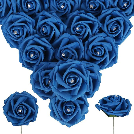 Royal Blue Roses with Crystal 50PCS Blue Foam Roses for Craft 2.95" Fake Blue Roses Artificial Flowers for Bridal/Baby Shower Decorations Wedding Centerpieces for Table (Royal Blue)