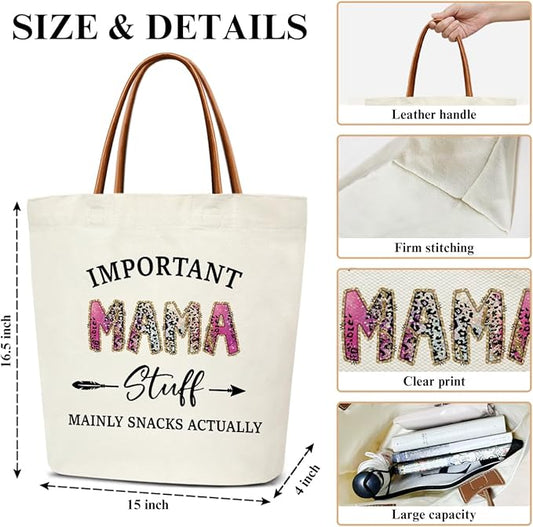 Canvas Tote Bag for Women, Important Stuff Bag with Leather Handle, Reusable Grocery Bags for Shopping Beach Travel