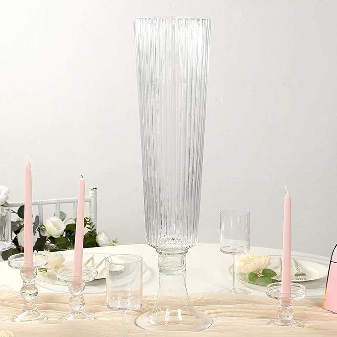 Efavormart 4 Pack Clear Ribbed Glass Trumpet Vases, Heavy Duty Flower Vases for Weddings and Centerpieces - 26"