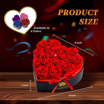 Forever Red Roses in a Heart Shaped Box 16 Preserved Flowers for Delivery 100% Real Quality Immortal Flower Eternal Birthday Graduation Gifts Home Deco for Her Mom Women Wife Girlfriend (Heart-Red)