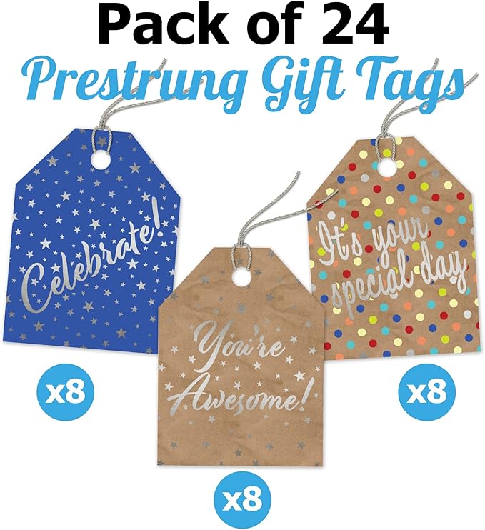 Pro Supply Global 24 Count of 2.5 Inch x 3 Inch Pre Strung Celebration Gift Tag Assorted Printed Designs on Large Cardstock Gift Hang Tags - Ideal to Use on Bags
