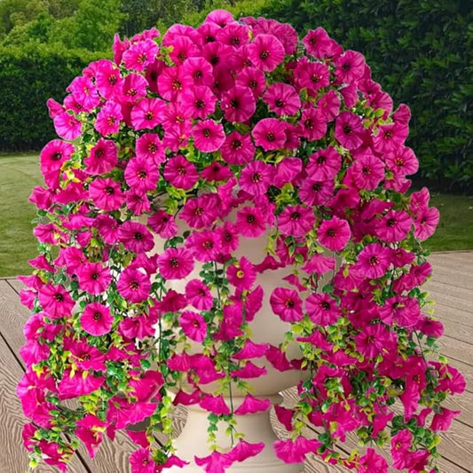 4PCS Artificial Hanging Flowers for Outdoor Decor UV Resistant Fake Morning Glory Realistic Silk Spring Summer Hanging Plants for Porch Patio Balcony Yard (Fuchsia)