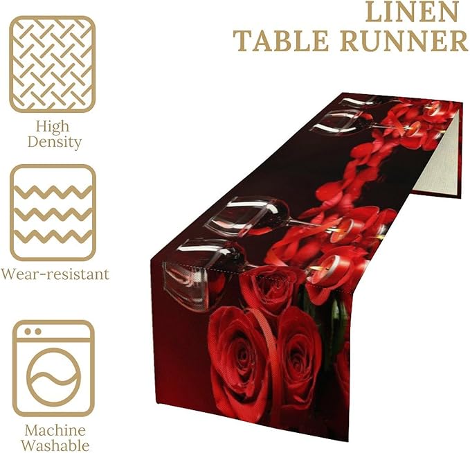 Red Wine Rose Table Runner Romantic Festival Candle Red Rose Dinner Runner for Farmhouse Cabin Home Kitchen Dining Holiday Wedding Party Decor 13x36in