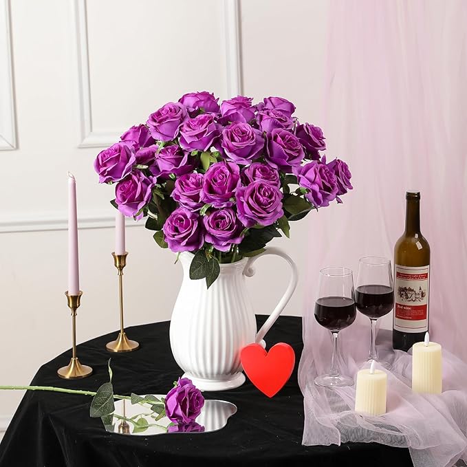 Nubry 24pcs Artificial Silk Roses Bulk,Fake Roses Flower with Stems Realistic Flowers for Wedding Centerpiece Home Party Decor(Purple)