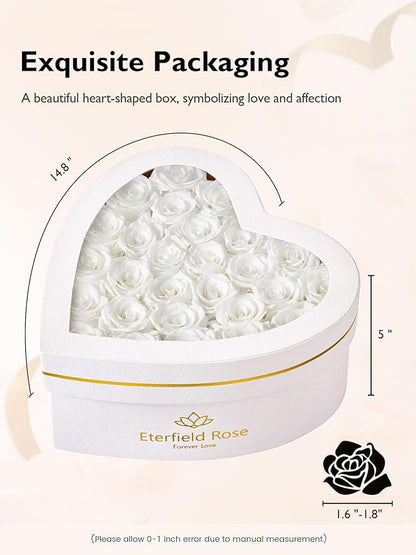Eterfield Forever Flowers in Heart Shape Box, Preserved Roses That Last a Year Preserved Flowers Birthday Gifts for Her Mom Women Wife Anniversary Valentine's Day Mother's Day (27 Roses, White)