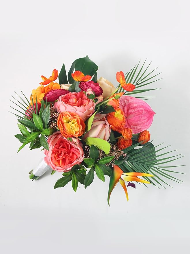 Rinlong 14.5" Wide Tropical Wedding Bouquets for Bride Orange Hot Pink Bridal Bouquet for Wedding Artificial Flowers Bouquets Beach Wedd