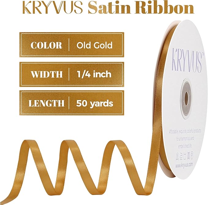Old Gold Satin Ribbon, Double Faced 1/4 Inch X 50 Yards Old Gold Ribbon, Premium Satin Ribbon for Gift Wrapping, Crafts, Hair Bow Making, Sewing, Flower Bouquet, Wedding Party Decor