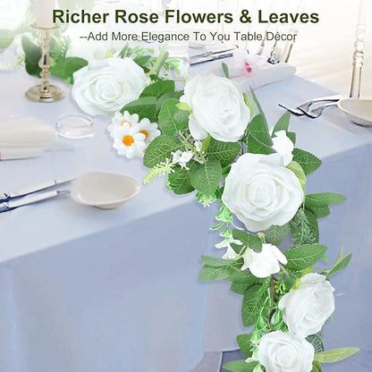 Naidiler Full Pretty White Rose Garland, 6.2FT Artificial Floral Vines Spring White Flower Garland for Wedding Arch Table Centerpiece Decor Home Backdrop Wall Valentines Decoration